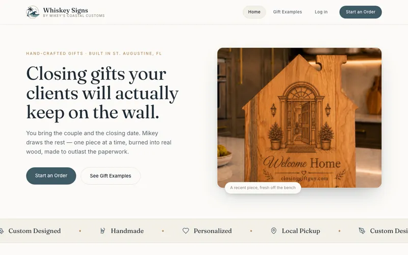 Whiskey Signs homepage — hand-crafted closing gifts